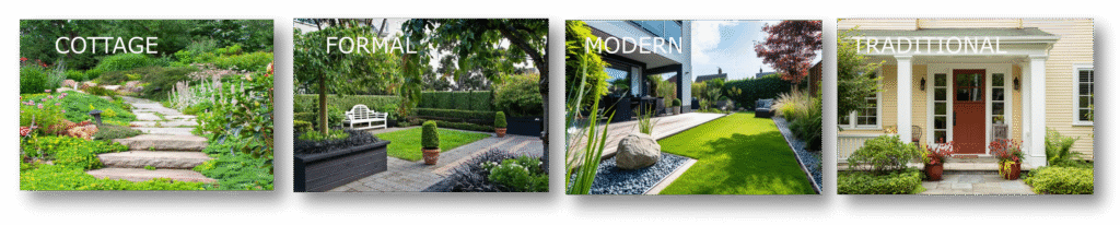 Cottage, modern, traditional, and formal landscape styles side by side.